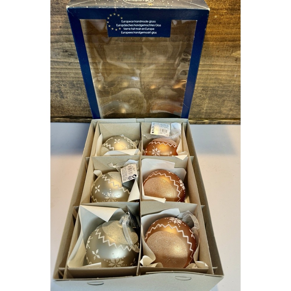 Decoris Poland Glass Christmas Ornaments 6pc 3.1" Mouth Blown Snowflake